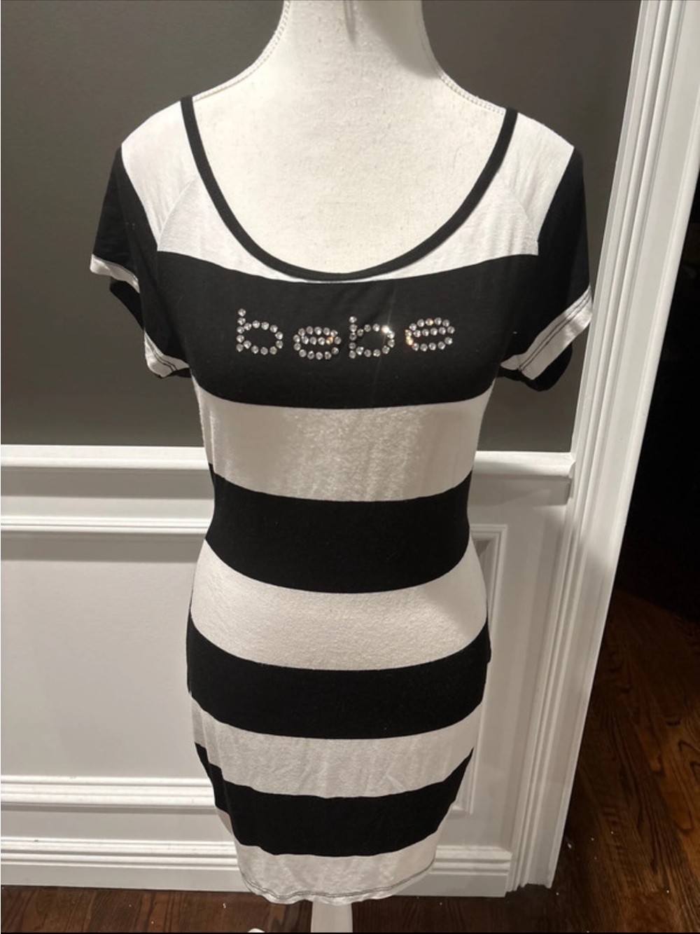 bebe Black and White Striped Mini Dress with Crystal Logo